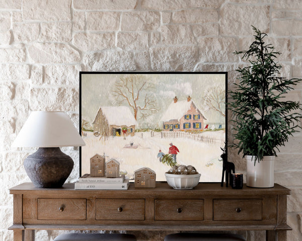 Home for the Holidays framed print on a wood console